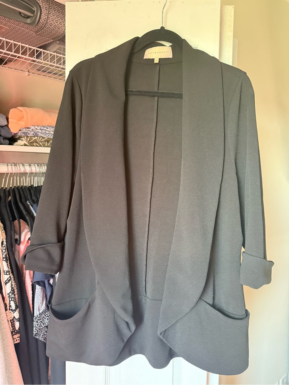 French Mauve Open-Front Black Draped Blazer Jacket